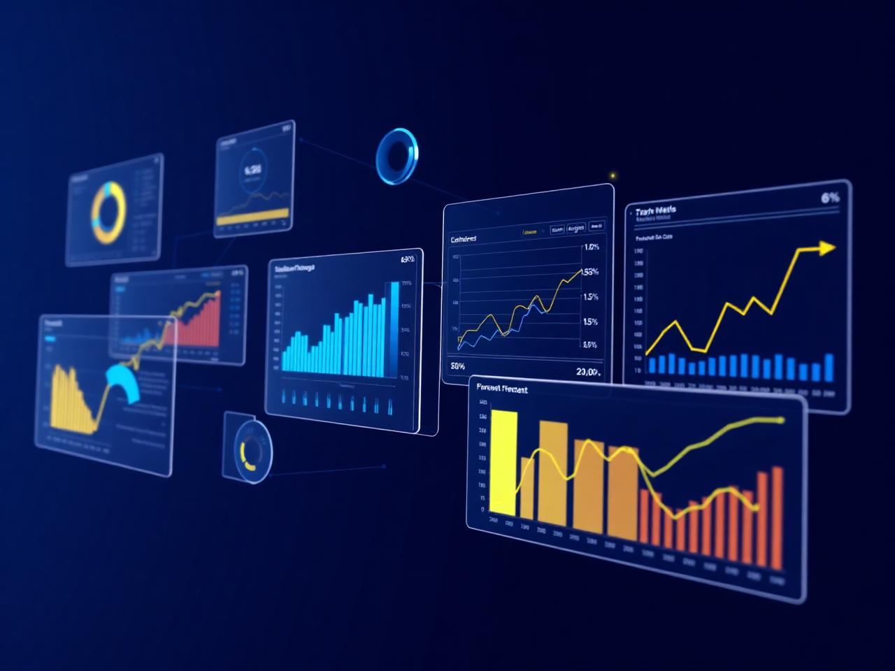 Floating holographic dashboards with charts and forecast curves